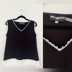 KARL LAGERFELD Sleeveless Blouse Summer Top Black and White Lace Trim Med